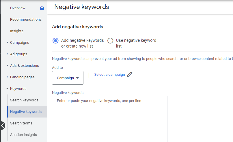 Negative Keywords for Google Ads